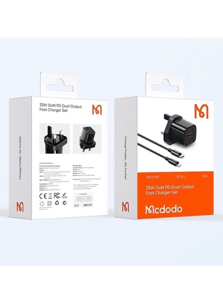 MCDODO GaN PD 33W Fast Charger PD + QC Super Fast Quick Charging Dual Output Power Adapter CH-0593