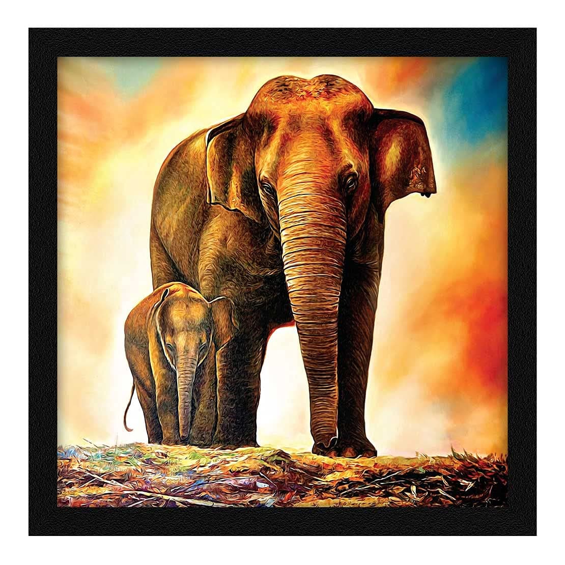 ArtX Paper Vastu Elephant and Baby Wall Art Painting Multicolor Wildlife 13X13 in Set of 1