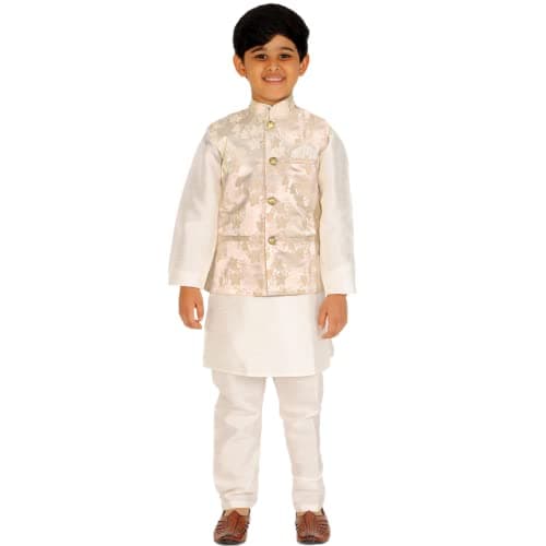 Pro-Ethic Style Developer Kurta Pajama Set For Kids Boys With Waistcoat | Silk | Floral | Traditional Dress (S-209), 13-14 Years, Cream