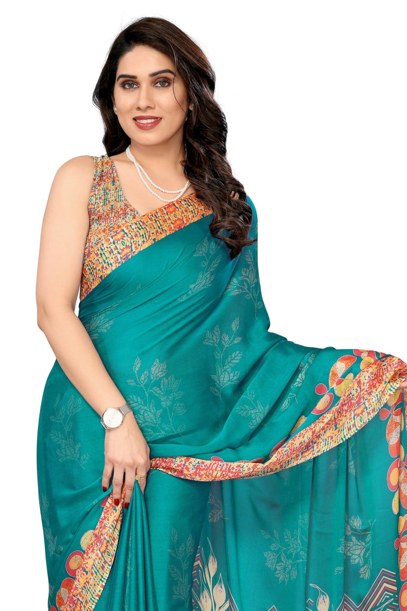 MIRCHI FASHION Women's Chiffon Floral Printed Saree with Blouse Piece (50526 - Light Teal Green, Light Yellow,Coral,Multicolor)