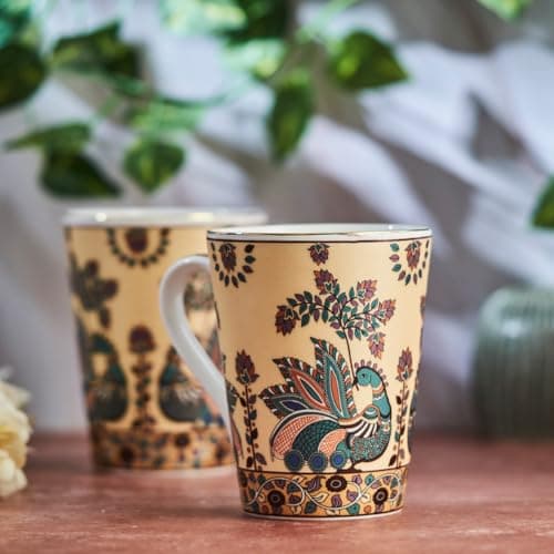 GOLDEN QUEEN'S Elegant Floral Mugs: Set of 2 for Coffee, Tea, Milk | Ideal for Hosting, Casual Gatherings, or Your Daily Beverage Ritual | 24 Carat Gold on Rim - Handpainted Peacock 300 ml