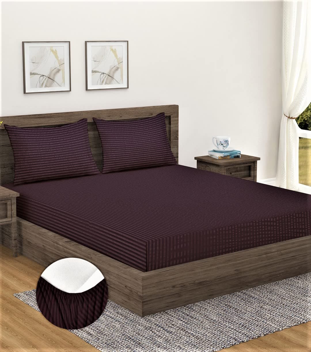 Home Sizzler 300TC Cotton Brown Satin Striped Elastic Fitted Double Bedsheet with 2 King Size Pillow Covers Fit for Mattress 72X75 72X78
