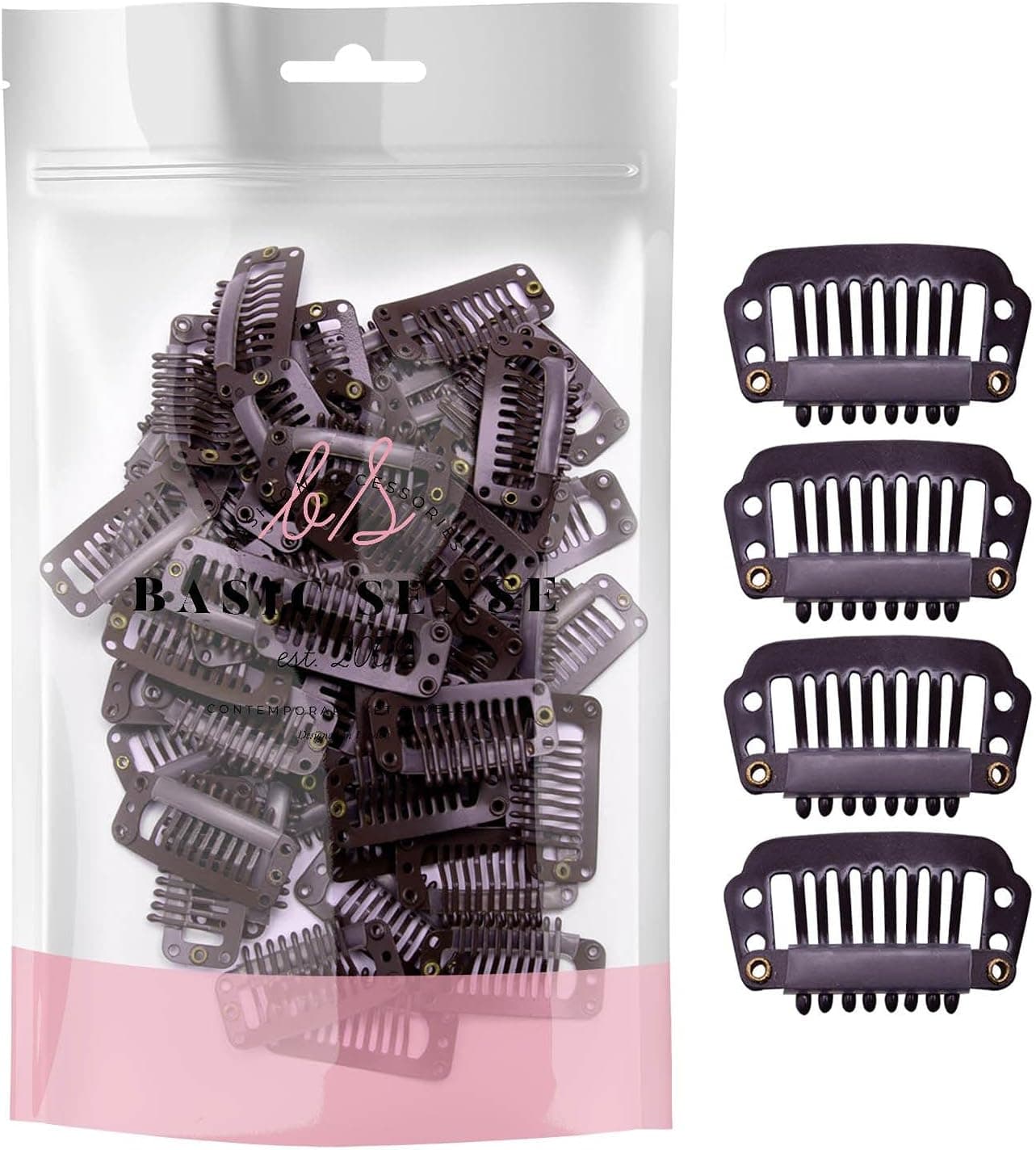 BasicSense 60 pcs Hair Extensions Strong Metal Snap Teeth Clips Hairpiece DIY Clip Small Dark Brown