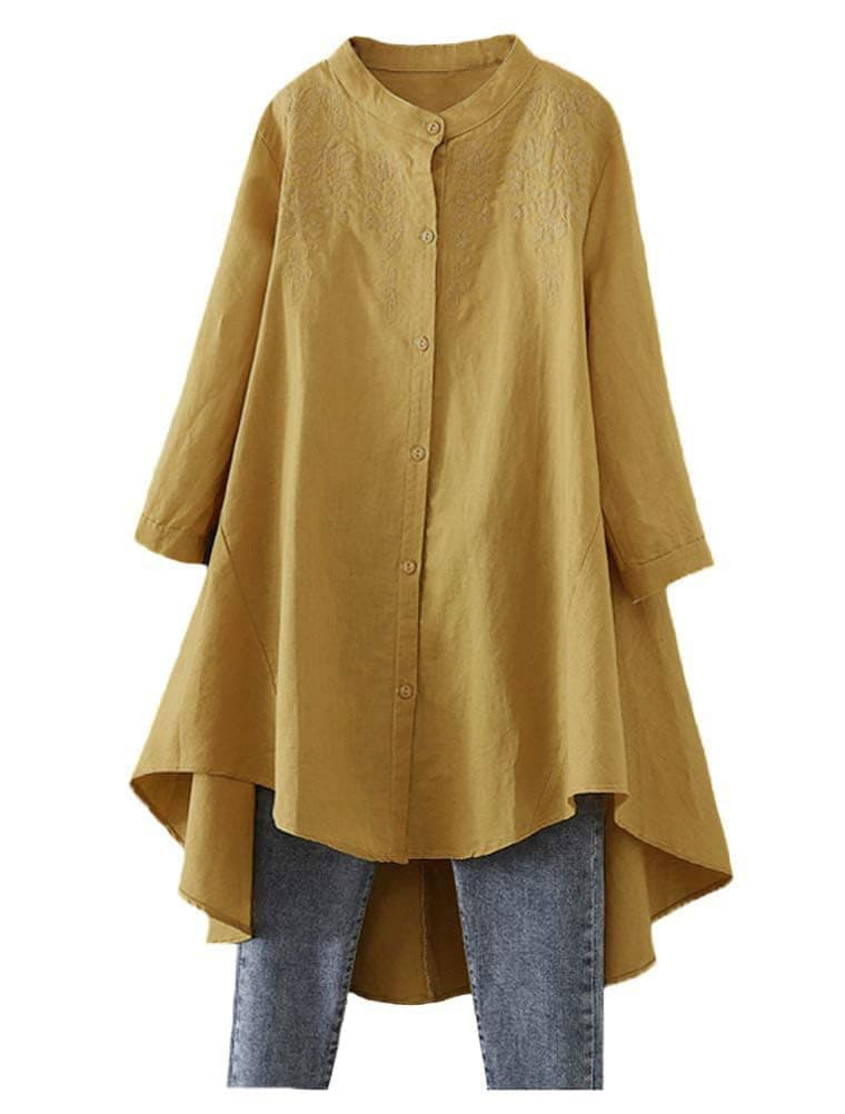 Minibee Womens Cotton Linen Shirt High Low Button Down Embroidered Blouse Long Sleeve Tunic Tops