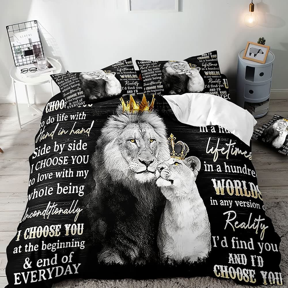 VIVIHOME 3PCS Lion Bedding Set King Duvet Cover African Safari Animal Black Bedding Comforter Cover Quilt Cover Bedroom Decor for Couples Romantic Lion Couple Gifts I Choose You 2 Pillowcases