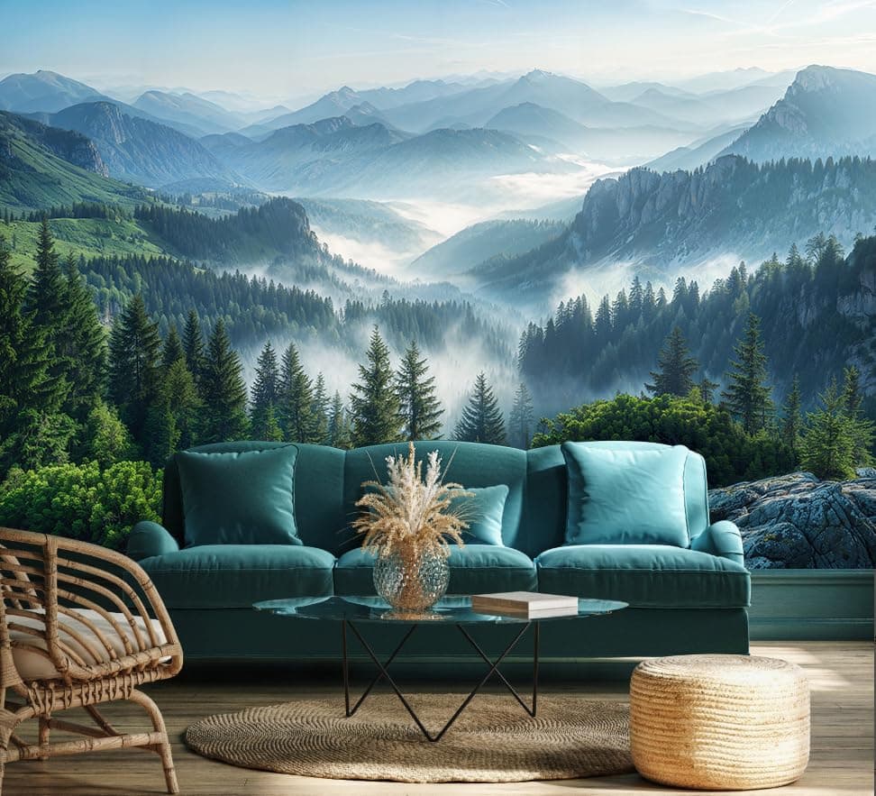 WFBHUAMisty Pine Forest Wallpaper Peel and Stick Foggy Mountain Scenery Self Adhesive Wall Mural for Living Room 157x108
