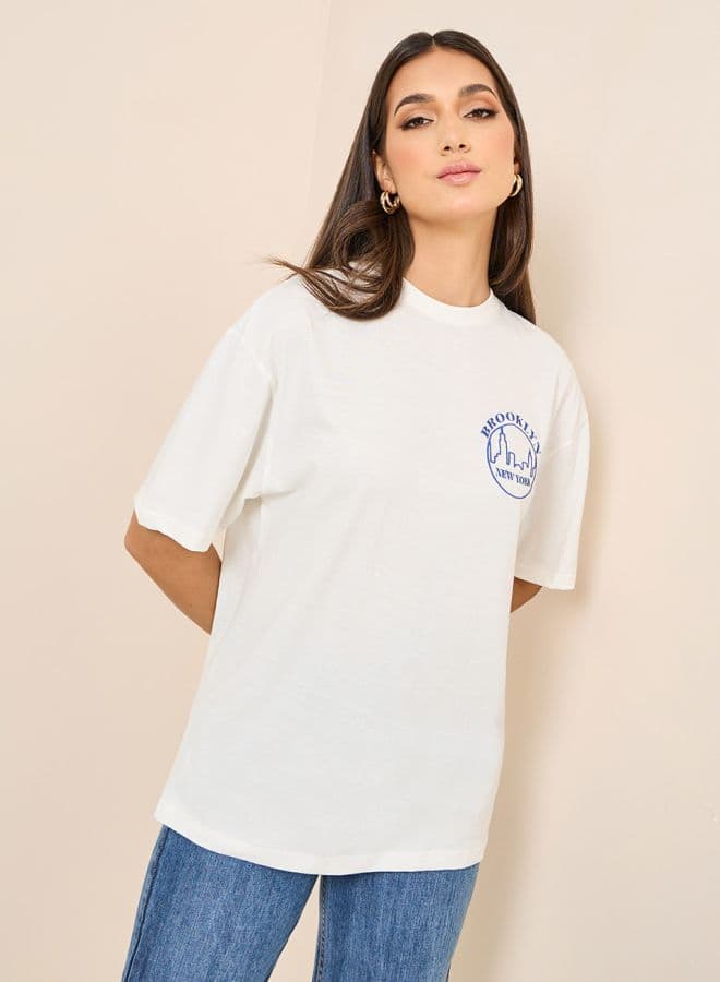 Oversized Embroidered Brooklyn Slogan Longline T-Shirt