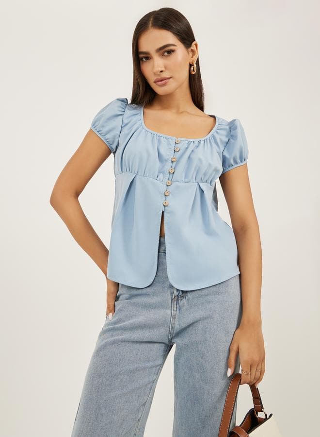 Plain Puff Sleeves Buttoned Top With Gathered Detail