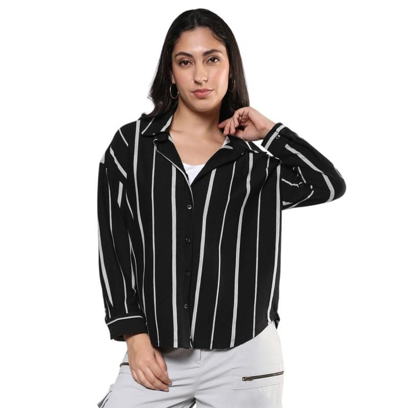 PINACOLADA Women's Midnight Black & Moon Grey Striped Boxy Shirt for Casual Wear | Spread Collar | Long Sleeve | Button Closure | Shirt Designed with Comfortable Fit for Woman & Girls