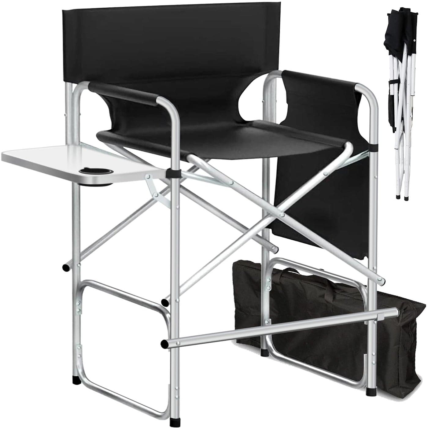 BRLJUNEO Makeup Artist Chair 41 Foldable Tall Directors Chairs wSide Table Cup Holder Storage Bag and Footrest Portable Makeup Chair 400LBS Load Capacity Black