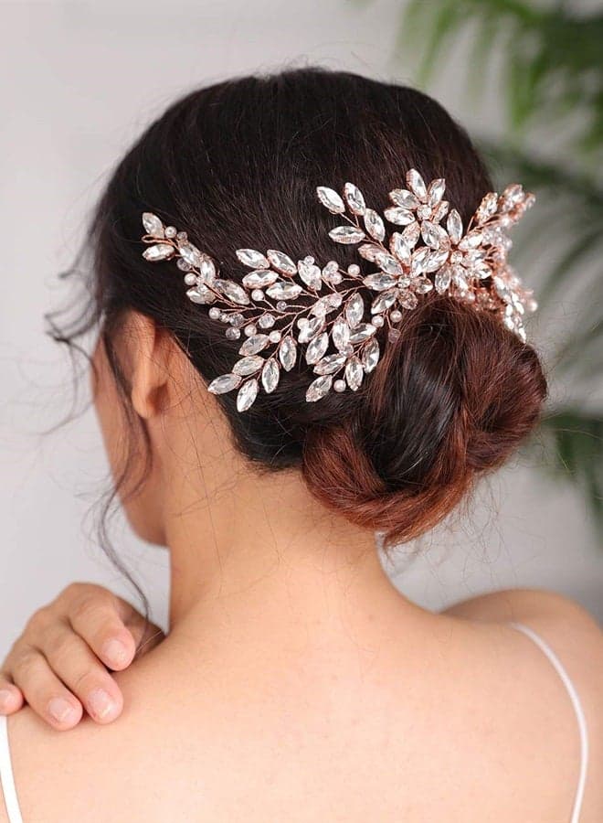 Rose Gold Bridal Hair Comb Sparkly Rhinestones Wedding Hair Comb Pearl Bridal Headpiece Rose Gold Hair Accessories for Women and Girls (Silver)