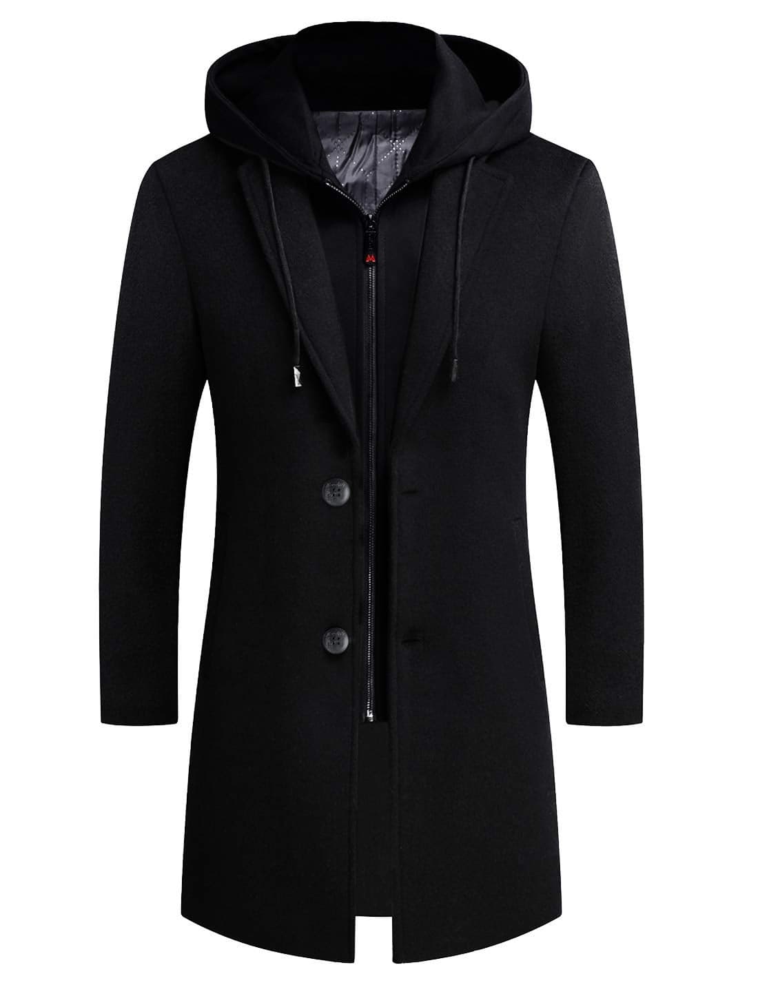 iCKER Mens Trench Coat Winter Wool Blend Jacket Overcoat Long Top Coat Warm Pea Coat-1908-Black 1-XL