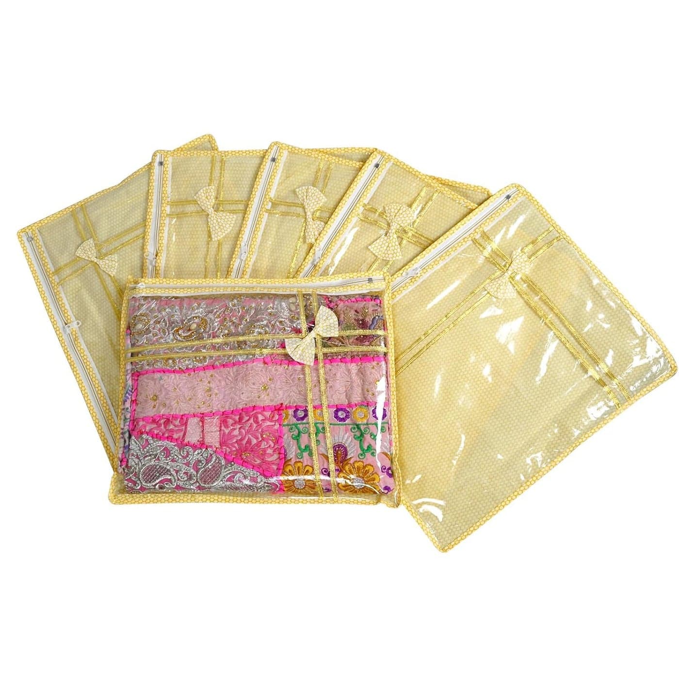 AI ANKIT INTERNATIONAL set of 6 Beige Foldable Single Saree CoversWardrobe Organizer with Transparent Top and ZipSaree Packing Covers for Wedding