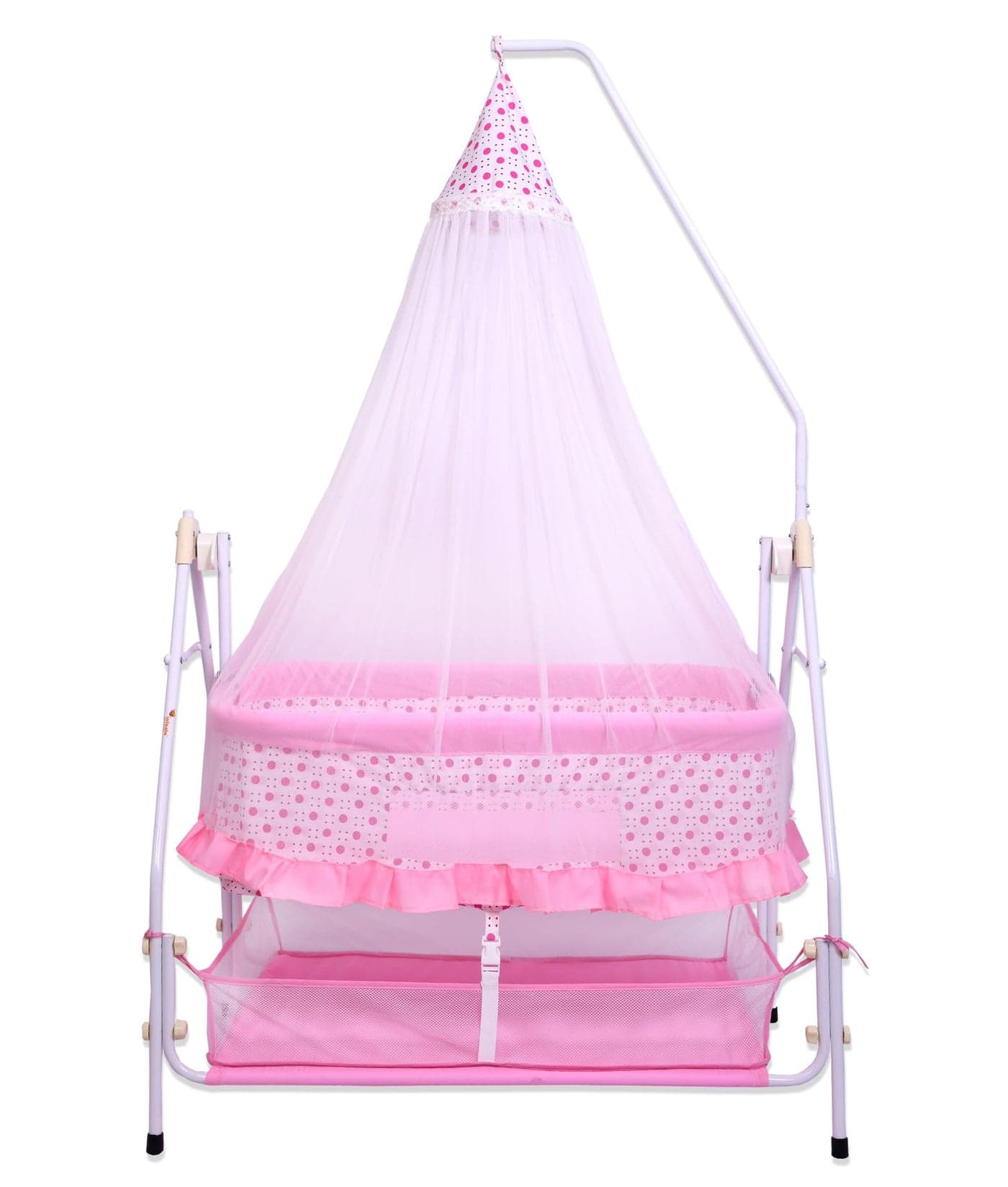 Infanto Baby Bassinet/Cradle, Palna, Swing (0–12 Months) with Ball-Bearing Swing, Swing Lock, Mosquito Net, Storage Basket & Sturdy Metal Frame | Portable Foldable Newborn Cot (Pink)