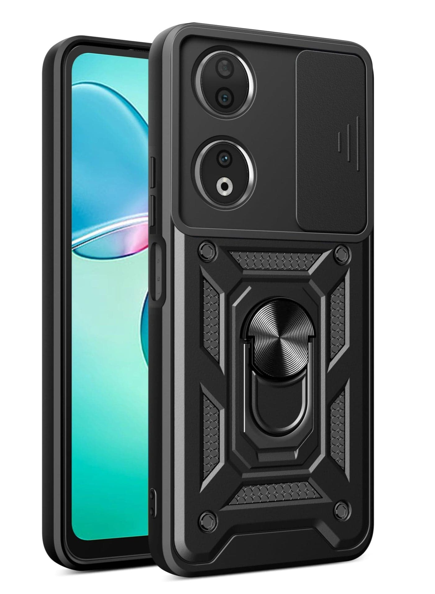Honor X7b 4G and 5G Honor 90 Smart 5G Protective Case with Slide Camera Cover 360 Degree Rotating Kickstand Ring Magnetic Car Mount Compatible Shockproof Black