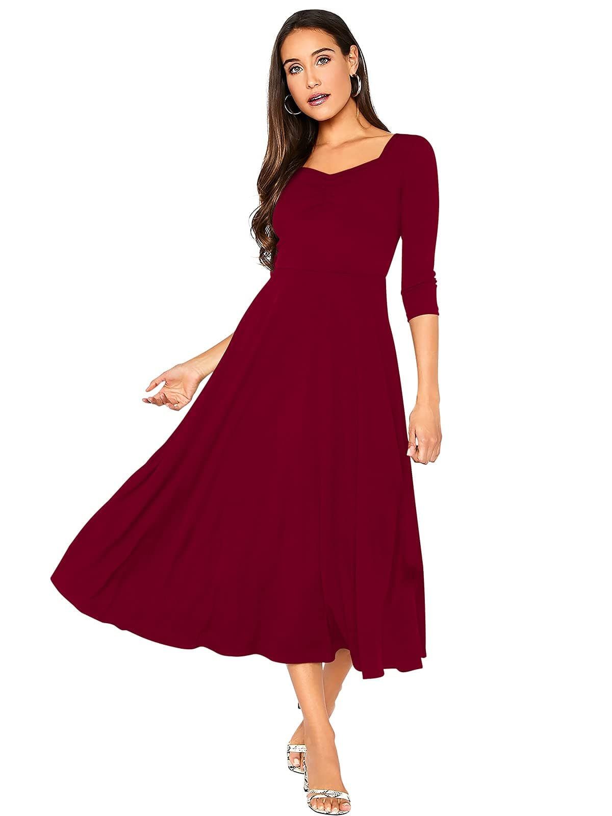 ILLI LONDON Women's A-LINE MIDI & Maxi Dress (Medium, Maroon)