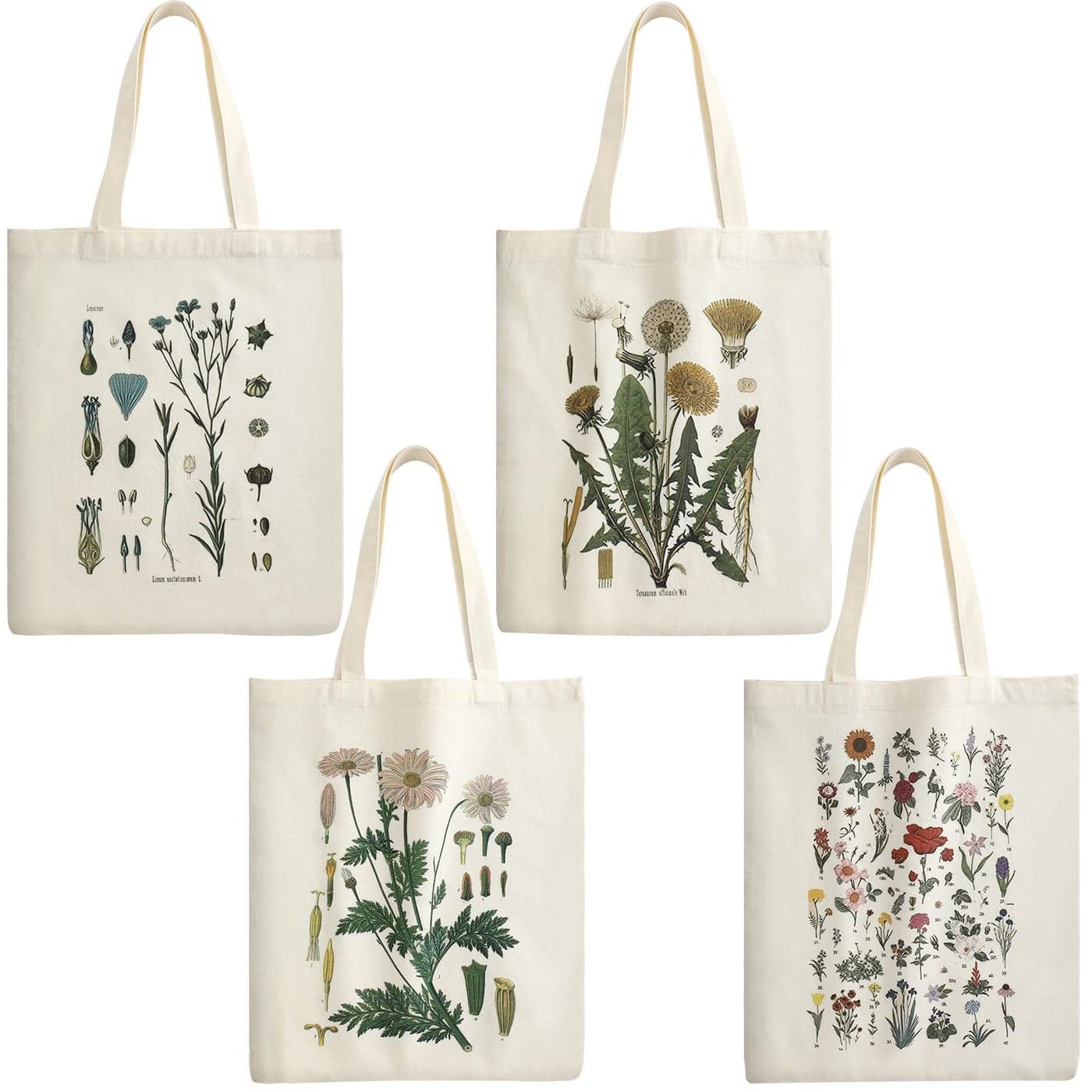 Weewooday Floral Canvas Tote Bag 4 Pieces Botanical Shopping Bag Aesthetic Flower Tote Grocery Bag for Women Girl ShoppingModern Style