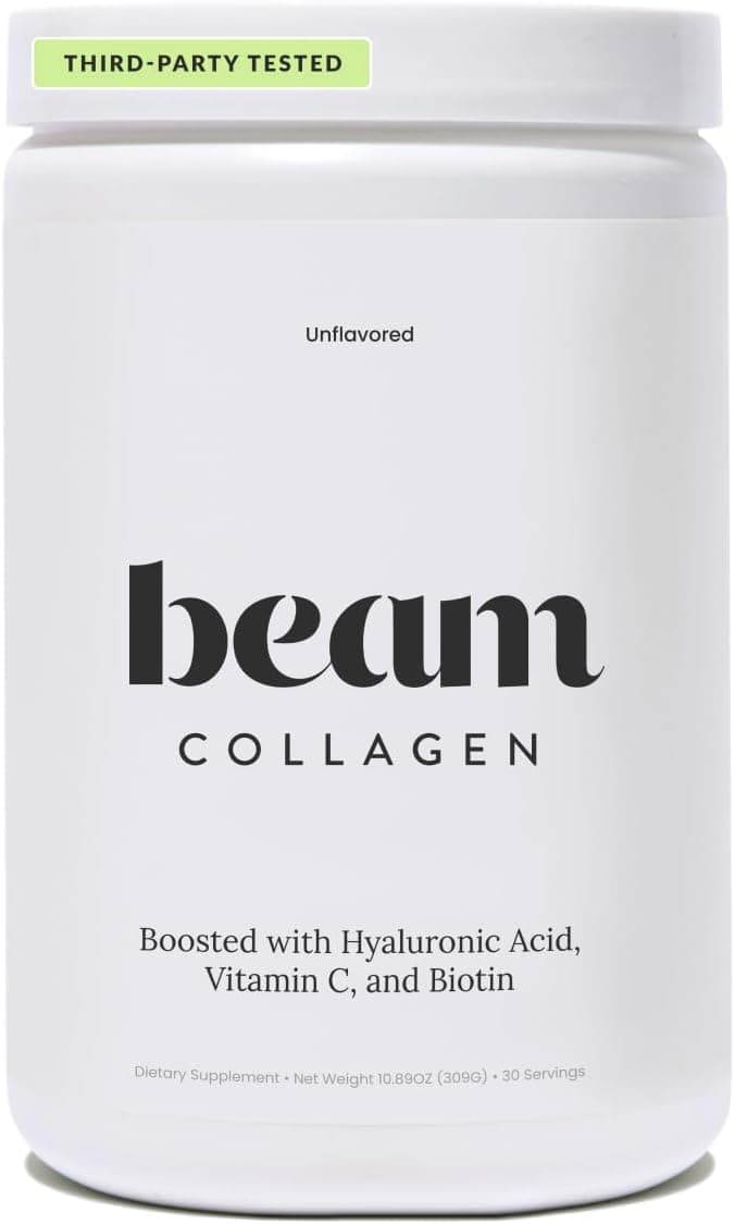 Beam Collagen Powder Collagen for Women Collagen with Hyaluronic Acid Collagen Peptides Type 1 and 3 with Biotin Grass Fed Bovine ThirdParty Tested Best for Coffee Vitamin C 30 Servings