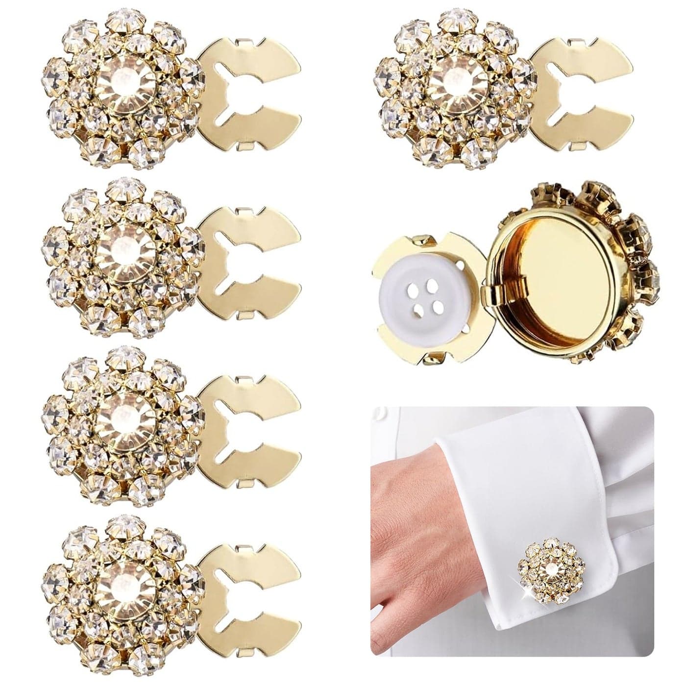 5Pcs Rhinestone Crystal Button Covers Detachable ClipOn Decorative Buttons Jewelry for WomenMen Blouses Shirts DIY Clothing EmbellishmentsGold
