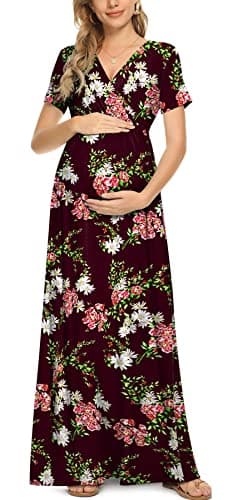 Xpenyo Women's Floral Maternity Dresses Summer Casual Short Sleeve V Neck Wrap Long Maxi Dress Pregnancy Clothes for Baby Shower, Photoshoot, Party, Daily, Nursing, Flower Wine Red M