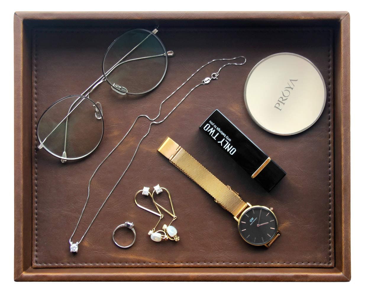 Vixdonos Leather Valet Tray Rectangular Catchall Tray Counter Organizer for KeyJewelryPerfumeGlasses and WatchesBrown