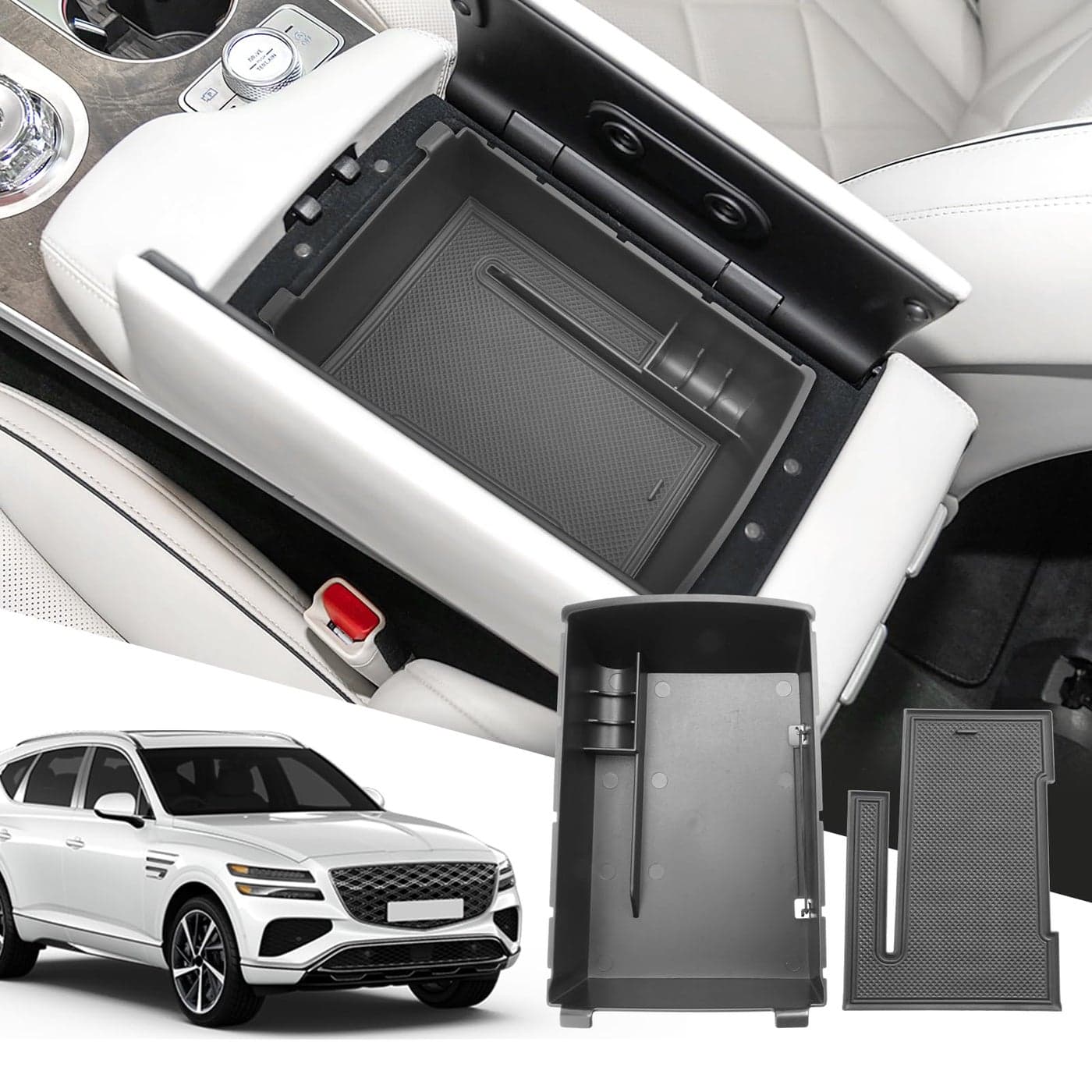 SXCY for 2025 Genesis GV80 Center Console Organizer for Genesis GV80 Accessories 2025 GV80 Front Console Tray 2025 GV80 Armrest Console OrganizerBlack Mats