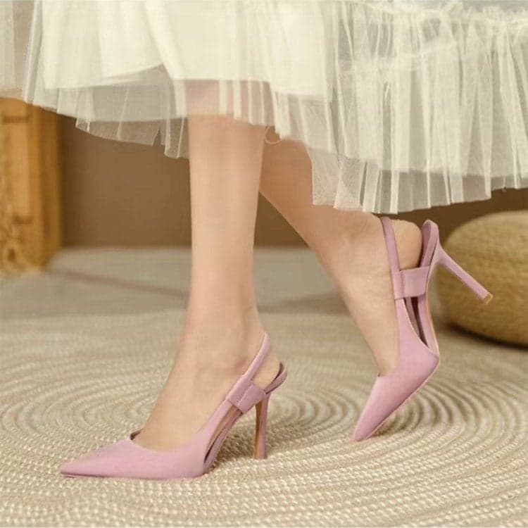 2022 Autumn New Satin Blue Pointed Stiletto Heel Women'S Shoes Exposed Heel Back Strap Elegant Women'S Sandals