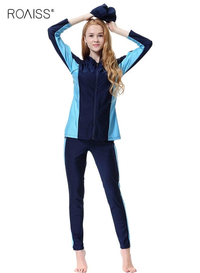 Women 3PCS Swimsuit, Stylish Beachwear with Chest Pads, Women Sun Protection Surfing Wetsuit with Long Sleeve Top, Slim Pants and Swimming Cap, Suitable for All Body Types, Great Choice for Swimming, Sunbathing, Hot Baths and Beach Walks