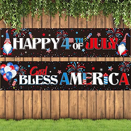 2 Pieces Happy 4th of July Decorations Outdoor Patriotic Banner God Bless America Banner Fourth of July Banners Backdrop Sign for Outside Memorial Day Independence Day Party Decor Supplies