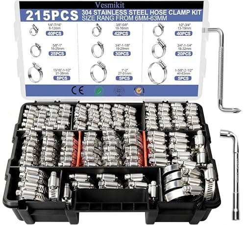 Hose Clamp Assortment- Vesmikit 215 PCS Stainless Steel Hose Clamps Kit 1/4"–2-1/2"(6-63mm) Worm Gear Clamps for Fuel Line, Plumbing, Automotive, Mechanical Applications, Pipe, Tube, Radiator, Garden