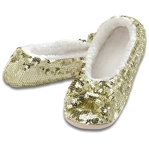 Snoozies Ballerina Bling Metallic Shine Slippers | Sequin House Shoes for Women | Slipper Socks with Grippers | Cute Indoor Footwear (Gold, Medium)