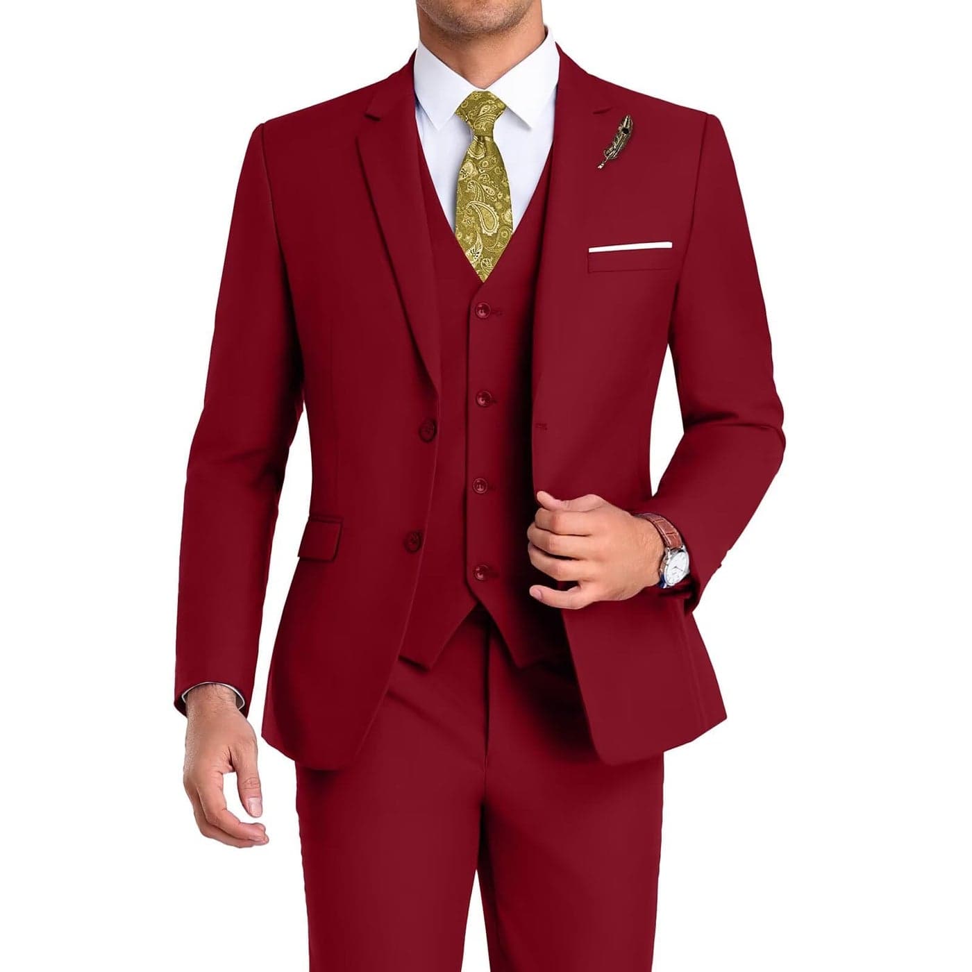 Mrbuerly Suits for Men 3 Pieces Slim Fit Wedding Suit for Mens 2 Buttons Homecoming Tuxedo Blazer Vest Pants Red XL4438