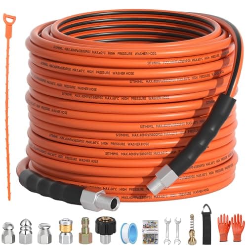 SITIMIMIL Sewer Jetter Kit for Pressure Washer 100FT,5800psi Drain Cleaner Hose 1/4 Inch Npt Corner, with 5 Sewer Jetting Nozzles Sealing Tape Pearl Corsage Pin Spanner Glove Drain Snake