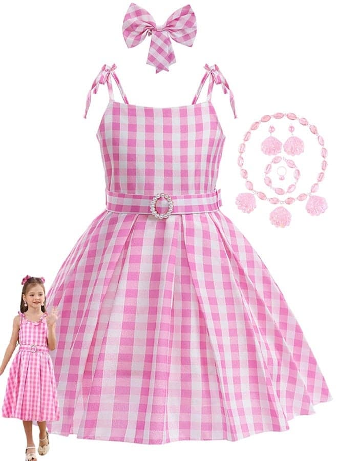 Halloween Costume for Girls, Pink Gingham Sleeveless Dress Up Outfit with Bow Hair Clip & Shell Jewelry Accessories, Kids Retro Role Play Costume for Carnival Birthday Theme Party Christmas