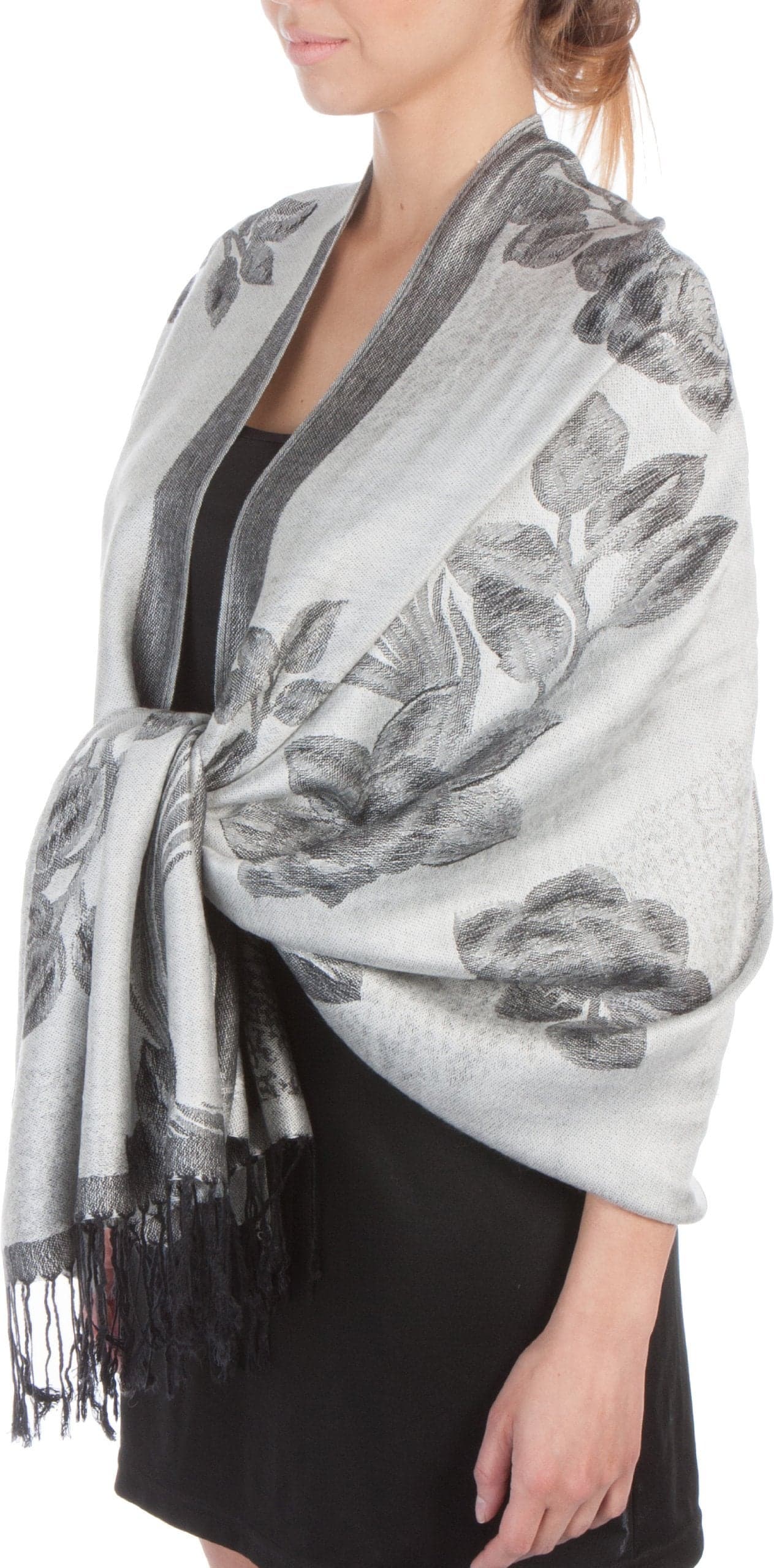 Sakkas Two Tone Floral Rose Reversible Pashmina Scarf Shawl Wrap Stole for Women - White/Black