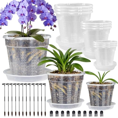 Orchid Pot with Saucers 9 Pack Orchid Pots with Holes and 12Pcs Plant Stakes 3 Each of 435561 Clear Plastic Plant Pot for Indoor Outdoor Plants3 Each of 43 55 61 Saucers