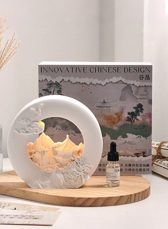 Chinese Landscape Gypsum Aromatherapy Night Light, Bluebell Scent Essential Oil Diffuser Lamp, Decorative Lamp with Pavilion & Mountain Carving, Home Fragrance Gift for Bedroom