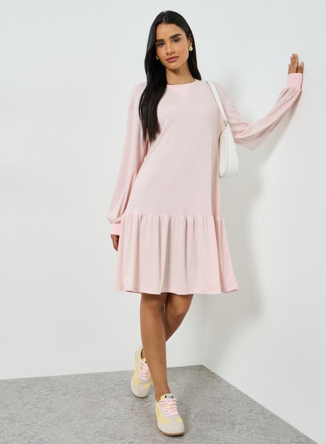 Women's Solid Ruffle Hem Long Sleeve Mini Dress