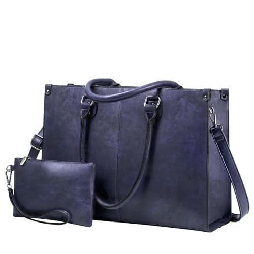 LOVEVOOK Laptop Tote Bag for Women, 15.6 Inch Large Capacity Vintage Leather Work Computer Bag, Business Casual Shoulder Handbag, Indigo Ink