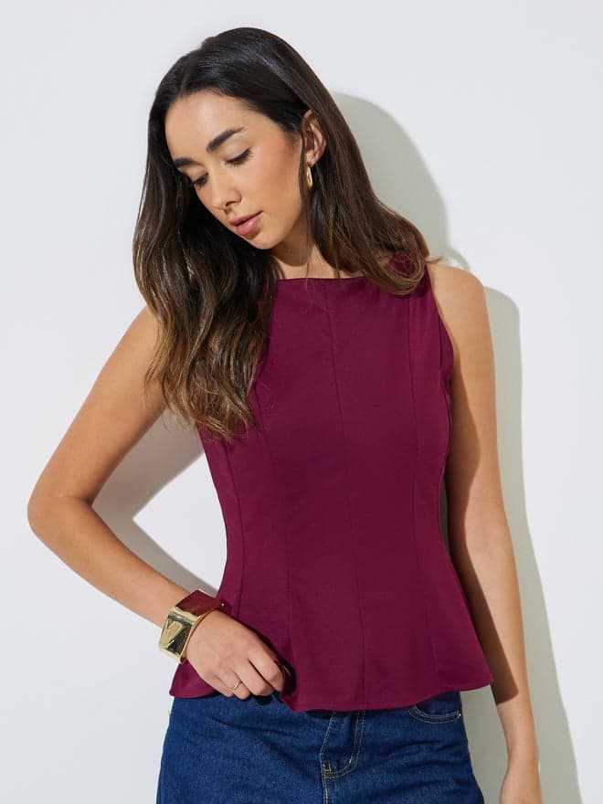 Styli Burgundy Seam Detail Peplum Top