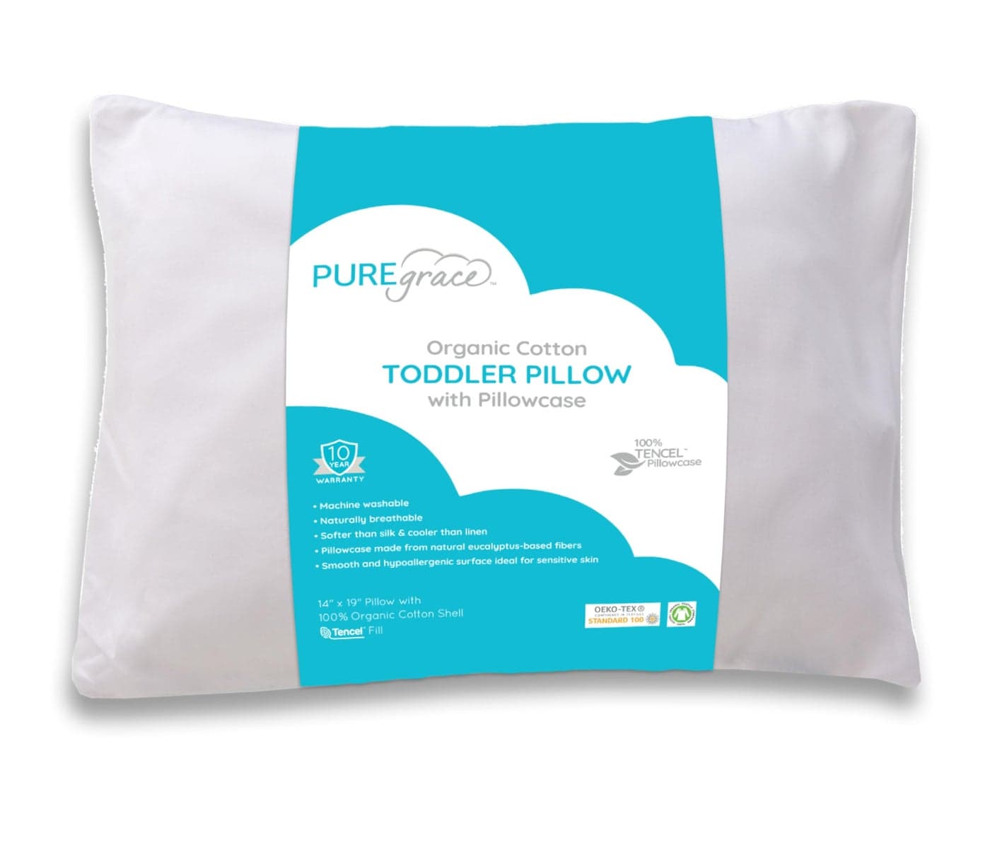 PUREgrace Tencel Toddler Pillow and Pillowcase Set Organic Cotton Shell Washable and Soft for Kids Ages 25 Perfect Size for Travel 14 x 19