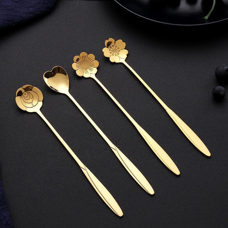 THW® Golden Spoon Set/Coffee Spoon/Dessert Spoon/Cutlery Tableware Stainless Steel 4Diffrent Shape Coffee Spoon (Pack of 4 Long Handle Spoon) ,7 Inch