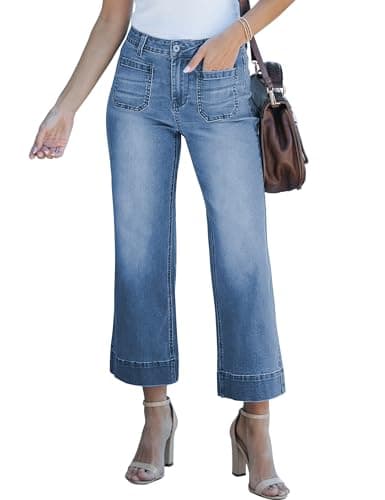 luvamia Wide Leg Jeans for Women Trendy High Waisted Flare Jeans Cropped Denim Pants Stretchy Baggy with Patch Pockets Womens Wide Leg Cropped Jeans Cropped Pants Women Blue Tides Size 12 Size 14