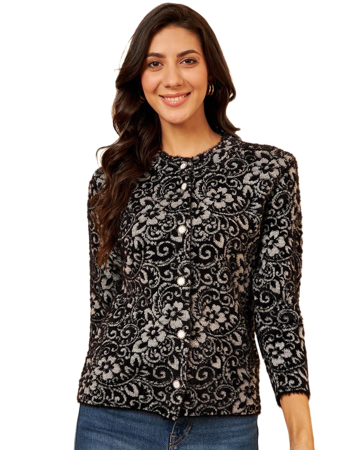 Modeve Women Black Floral Print Round Neck Sweater for Winter||Winterwear||