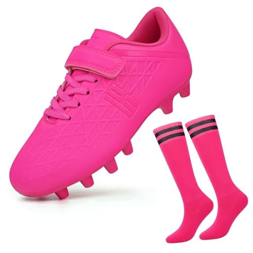 brooman Kids Firm Ground Soccer Cleats Boys Girls Football Cleats with Soccer Socks (8,Fuchsia)