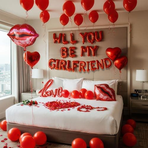 16 Inches Red WILL YOU BE MY GIRLFRIEND Confession Letter Balloons with HeartShape lips love Foil Balloons and Rose Petals for Romantic Special Night Decorations and Valentines Day