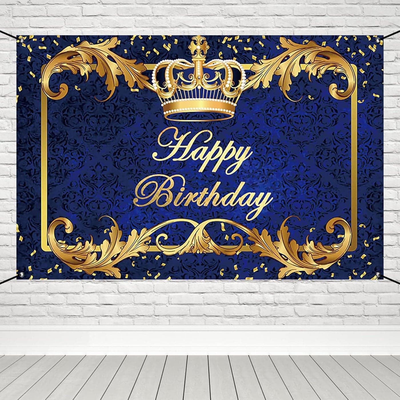 Renaiss 6x36ft Happy Birthday Banner Royal Blue Prince Birthday Party Decoration Gold Crown King Theme Birthday Party Supplies Royal Blue and Gold Boys Man Birthday Yard Sign Photography Background
