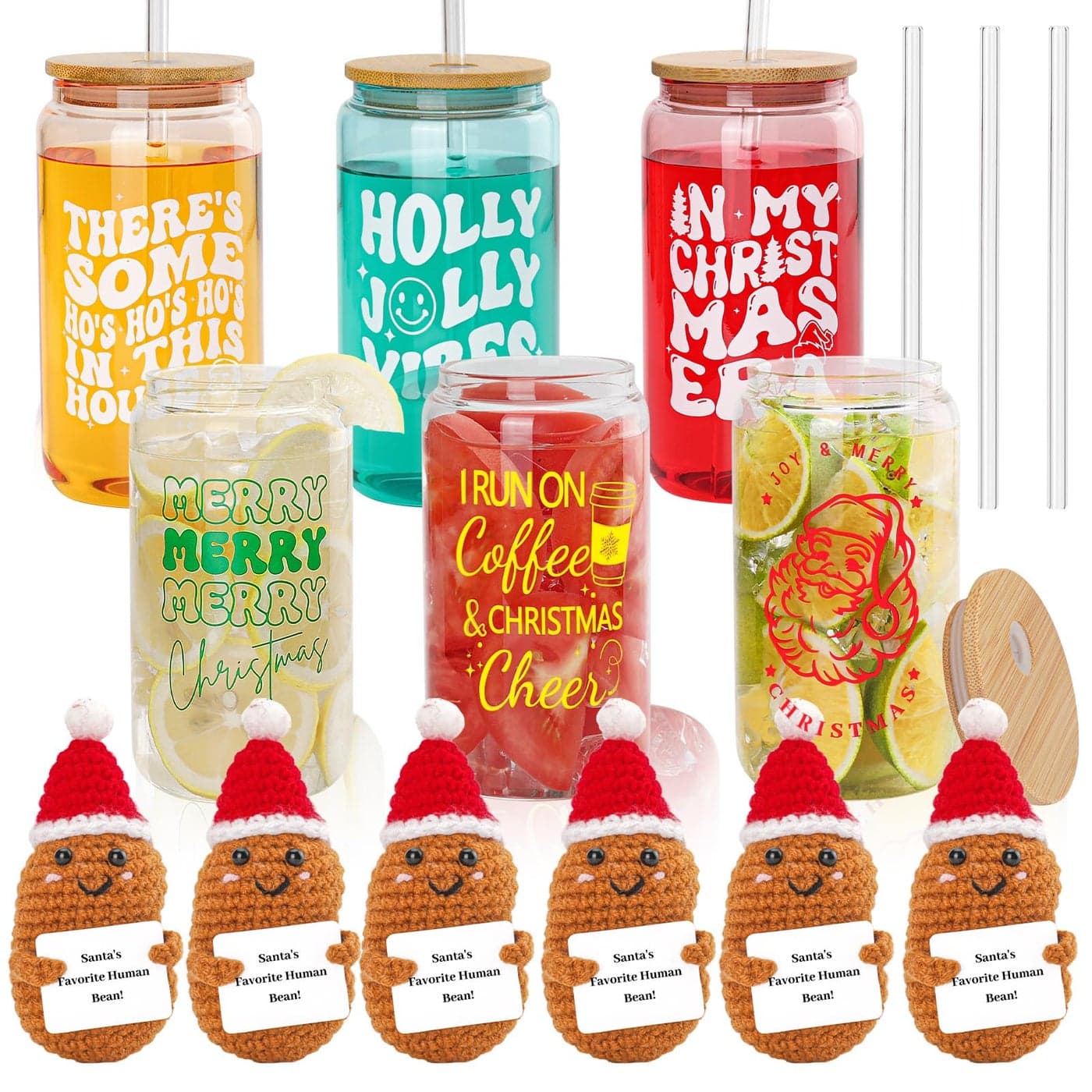 Pengtai Christmas Glass Tumbler Set 16oz Iced Coffee Cups With Funny Positive Knitted Dolls Gifts for Women Men Friends Coworkers Teachers Nurses Set of 6