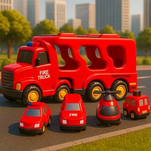 GRAPHENE 5 in 1 Fire Truck Toy Set for Boy 3-10 Years Friction Powered Transport Vehicle Montessori Carrier Educational Light Music Pullback Monster Truck Mini Helicopter Taxi Playset Gift
