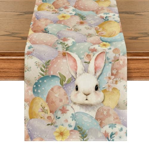 Artoid Mode Bunny Eggs Flower 210 GSM Easter Table Runner, Seasonal Spring Kitchen Dining Table Decoration for Home Party Decor 13x72 Inch